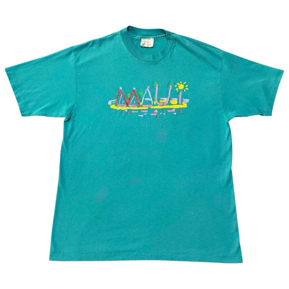 Vintage 90s Ken Done Maui Hawaii Beach Graphic Teal Short Sleeve Shirt Size XL
